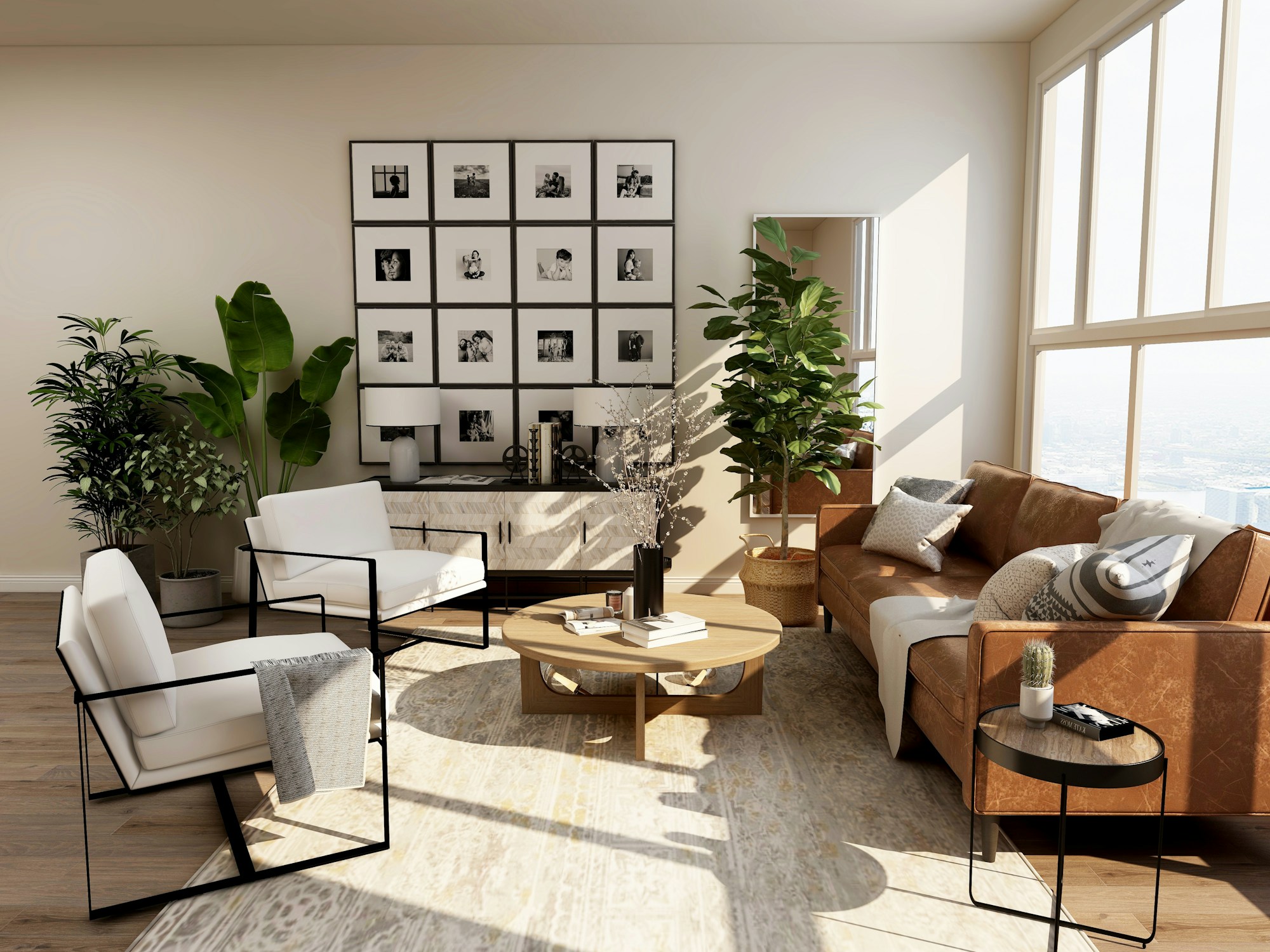 Interior de referencia con luz natural, madera y un amplio espacio para vivir